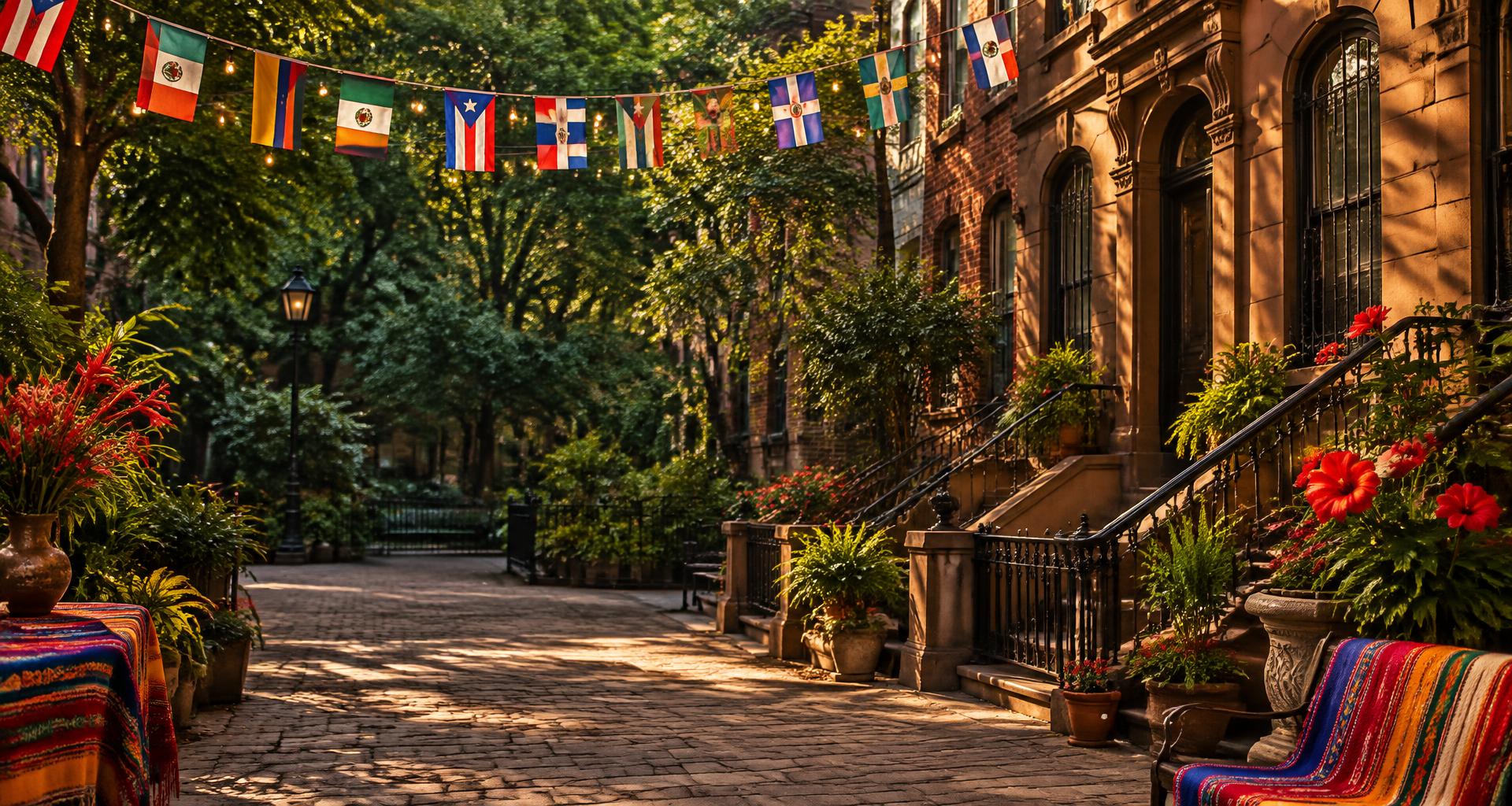 A festive Harlem courtyard decorated with Latin American flags